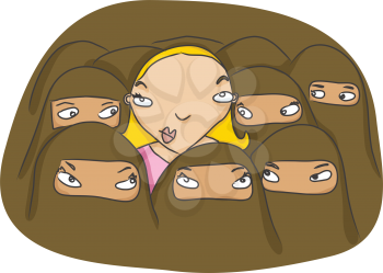 Royalty Free Clipart Image of a Woman in a Crowd of Islamic Women