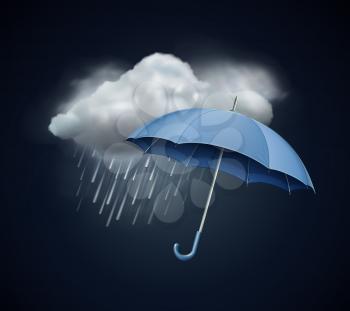 Vector illustration of cool single weather icon - elegant opened umbrella and cloud with heavy fall rain in the dark sky