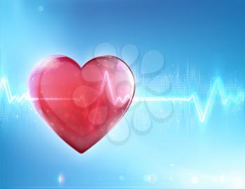 Vector illustration of red heart shape with electrocardiogram line on blue soft background