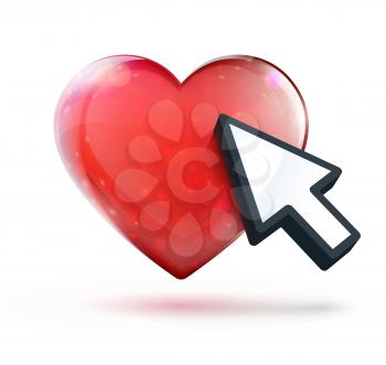 Vector illustration of online dating concept with red glossy heart shape and arrow cursor 