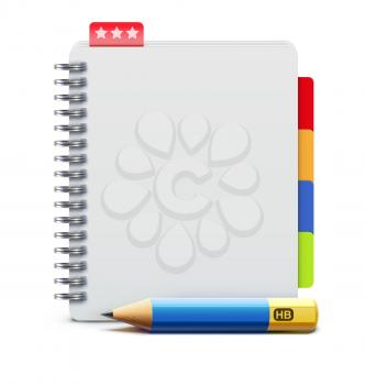 Vector illustration of realistic spiral notebook and detailed pencil 