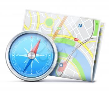 Vector illustration of travel concept with detailed blue compass and city map