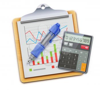 Vector illustration of business concept with clipboard, calculator icon and blue ballpoint pen isolated on white background