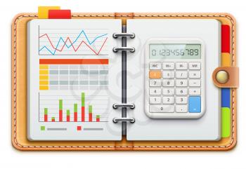 Vector illustration of business concept with realistic leather spiral notebook and electronic calculator 