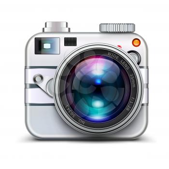 Vector illustration of detailed icon representing metal style photo camera with lens
