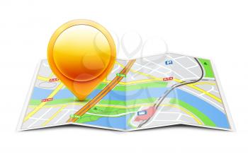 Vector illustration of global navigation concept with city map and glossy location pointer icon on it