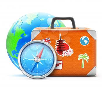Vector illustration of travel concept with vintage suitcase, blue glossy earth globe and detailed compass 