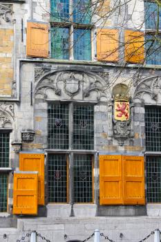 The facade of a historic building in the center of Delft. Netherlands