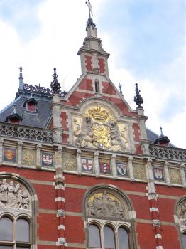 The ornate facade of Grand Central Station in Amsterdam. Netherlands.