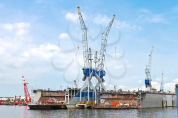 Industrial landscape. Dry docks and cranes in shipyard