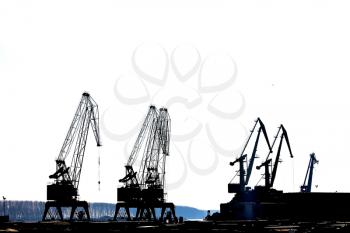 Silhouettes of cranes in the shipyard.