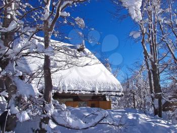 House in the winter woods on a background of mountains