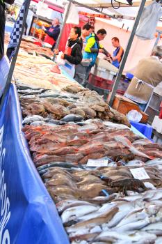 DORDRECHT, THE NETHERLANDS - SEPTEMBER 28: Selling seafood on the market on September 28, 2013 in Dordrecht, Netherlands 