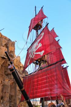 LAS VEGAS, NEVADA, USA - OCTOBER 21, 2013 : Pirate ship at pond near Treasure Island hotel  in Las Vegas. This Caribbean themed resort has an hotel with 2,884 rooms 