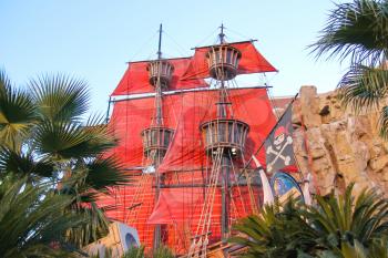 LAS VEGAS, NEVADA, USA - OCTOBER 21, 2013 : Pirate ship at pond near Treasure Island hotel  in Las Vegas. This Caribbean themed resort has an hotel with 2,884 rooms