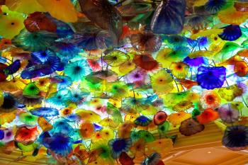 LAS VEGAS, NEVADA, USA - OCTOBER 21, 2013 : Glass flowers on the ceiling in Bellagio Hotel in Las Vegas. The composition consists of 2,000 glass flowers by sculptor Dale Chihuly 