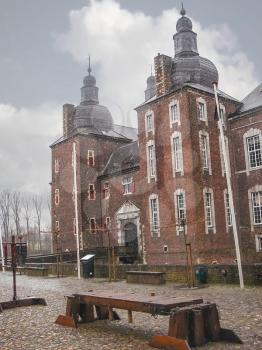Snowfall in Kasteel Hoensbroek, one of the most famous Dutch castles. Heerlen. Netherlands