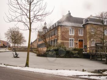 Snowfall in Kasteel Hoensbroek, one of the most famous Dutch castles. Heerlen. Netherlands