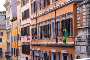 ROME, ITALY - MAY 04, 2014: Flags on a facade the hotel Anglo Americano in Rome, Italy
