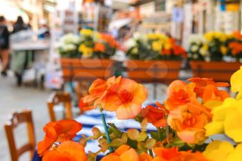 Flowers decorate the outdoor cafe on the market in Venice, Italy