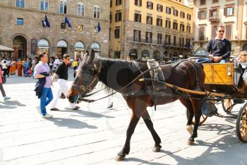 FLORENCE, ITALY - MAY 08, 2014: Tourists ride on a carriage pulled by a horse in Florence, Italy 