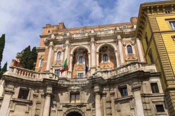 ROME, ITALY - MAY 04, 2014: Flags of Italy and the European Union on the building National Institute for Insurance against Accidents at Work in Rome, Italy