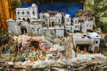 Taneto, Italy - December 27, 2014: Model of an ancient settlement in the garden center Mondoverde. Taneto, Italy