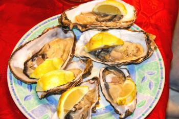Oysters with lemon on a plate at the restaurant 