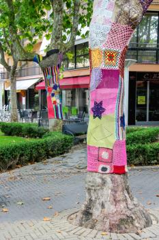Bellaria Igea Marina, Italy - August 14, 2014: Knitted clothes on trees decorate street in the resort town Bellaria Igea Marina, Rimini, Italy
