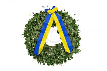 Laurel wreath with a commemorative yellow-blue  ribbon isolated on white background. Ukraine
