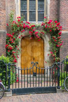 Entrance door of the Grote Kerk (Sint-Bavokerk) in the  historic center of Haarlem, the Netherlands