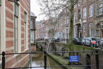 Utrecht, the Netherlands - February 13, 2016: Famous Oudegracht canal in historic city centre