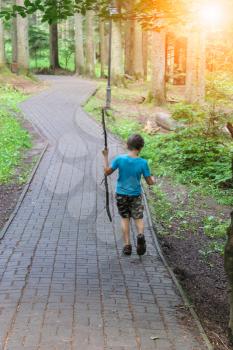Boy with long wooden stick in forest park in sunlight