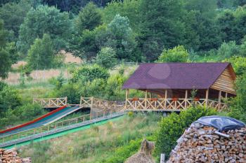 Wooden gazebo and stairs in Ukrainian Carpathians