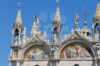 Upper part of facade of San Marco Basilica in Venice, Italy