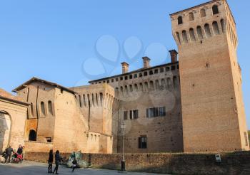 Vignola, Italy - October 30, 2016: Tourists near impressive ancient fortress. Emilia-Romagna, Modena