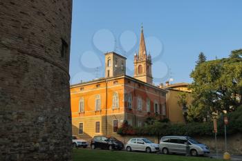 Vignola, Italy - October 30, 2016: Parking cars in historic city center. Emilia-Romagna, Modena