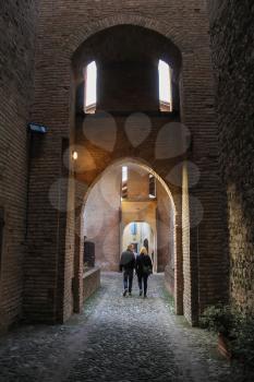 Vignola, Italy - October 30, 2016: Tourists walking in ancient fortress. Emilia-Romagna, Modena