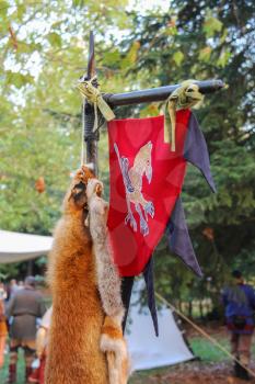Spilamberto, Italy- October 02, 2016: Vintage style spears of historic party in park