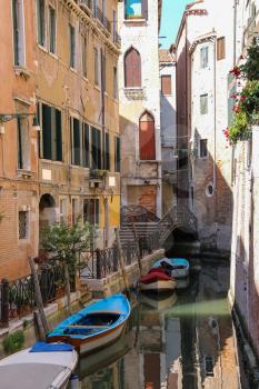 Empty gondolas on canal of Venice, Italy