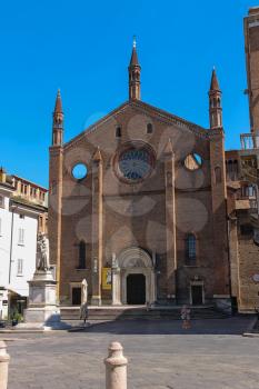 Piacenza, Italy - August 7, 2016: San Francesco Church and statue of Gian Domenico Romagnosi, Italian lawyer, philosopher and economist
