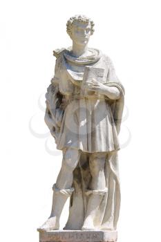 Marble statue of St. Damian in Grazzano Visconti, Italy. On white background