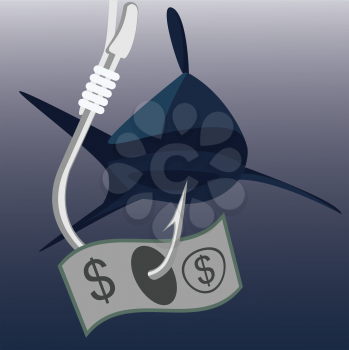 Royalty Free Clipart Image of a Money on Fishing Hook with Shark on Background
