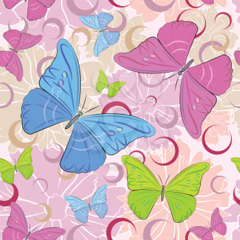 Royalty Free Clipart Image of Colored Butterflies and Flowers with a Seamless Pattern Background