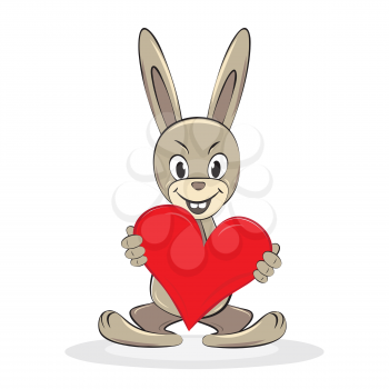 Royalty Free Clipart Image of a Cartoon Funny Rabbit Holds Big Red Heart