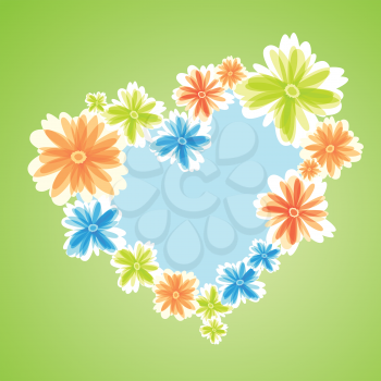 Royalty Free Clipart Image of Colored Flowers as Heart Symbol on Green Background