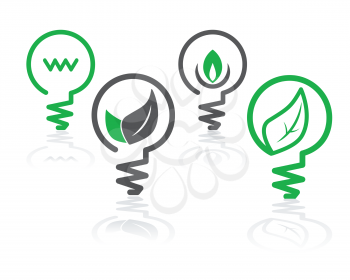 Royalty Free Clipart Image of a Set of Environment Green Icons with Light Bulbs and Leaves