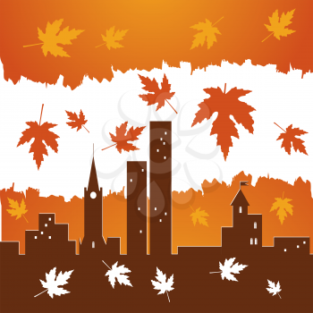 Royalty Free Clipart Image of Red Falling Maple Leaves on City Buildings 
