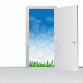 Royalty Free Clipart Image of a Open house door to green grass meadow and blue sky, 