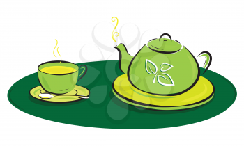 Royalty Free Clipart Image of a Teapot with Leaves Symbols and Cup
